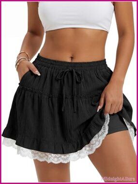Ruffle Flowy Short Skirt Tiered Lace Mini Skort High Waist Boho Drawstring